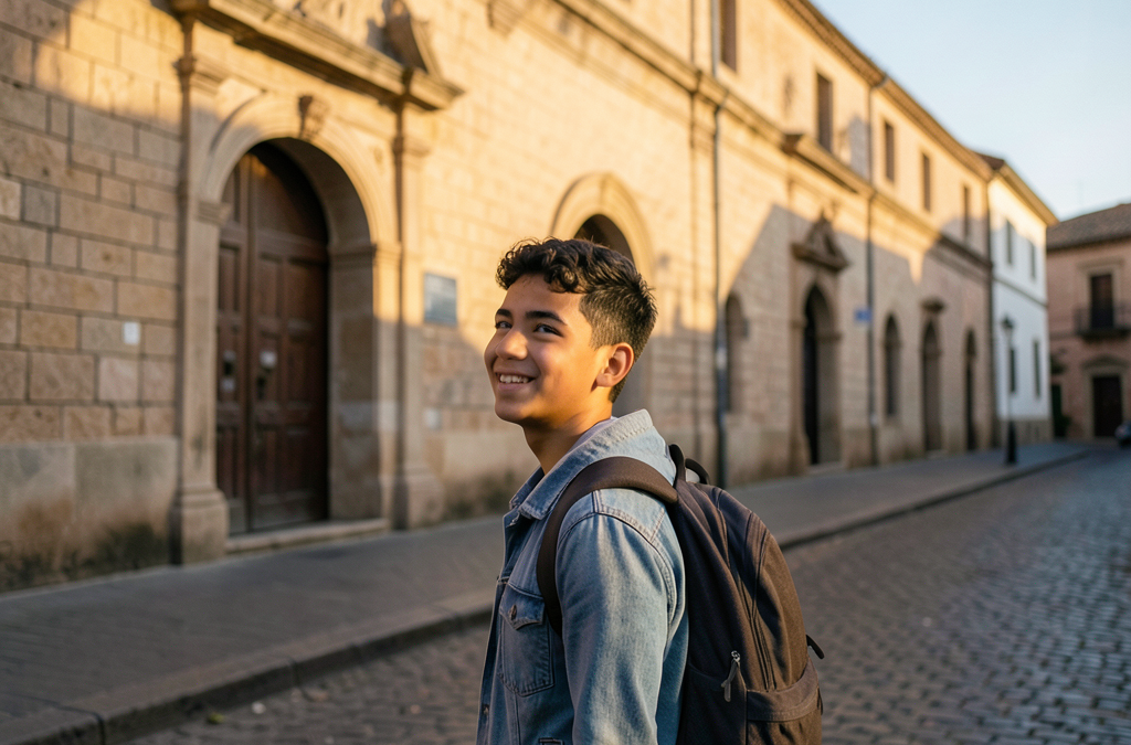 Estudiante peruano frente a una universidad española al preparar el visado de estudios para España
